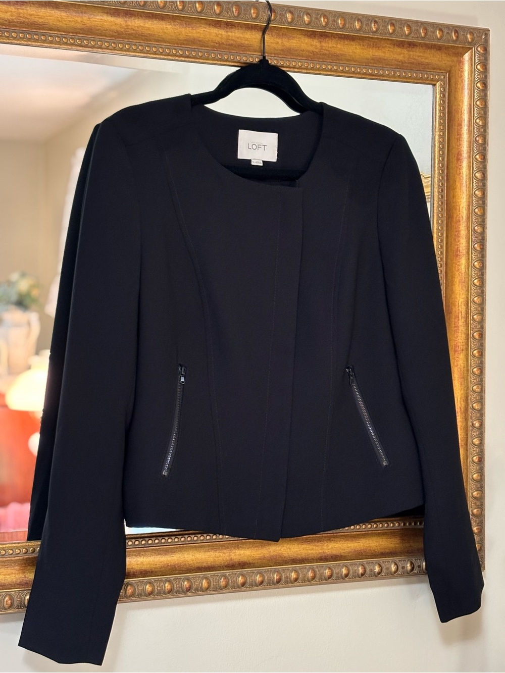 Ann Taylor LOFT Black Collarless Open Front Blazer Zip Pockets Size S